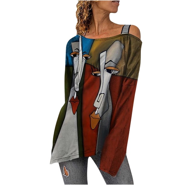 Camiseta de manga larga estampada con hombros descubiertos vintage a la moda para mujer Fridja czfsfas5848