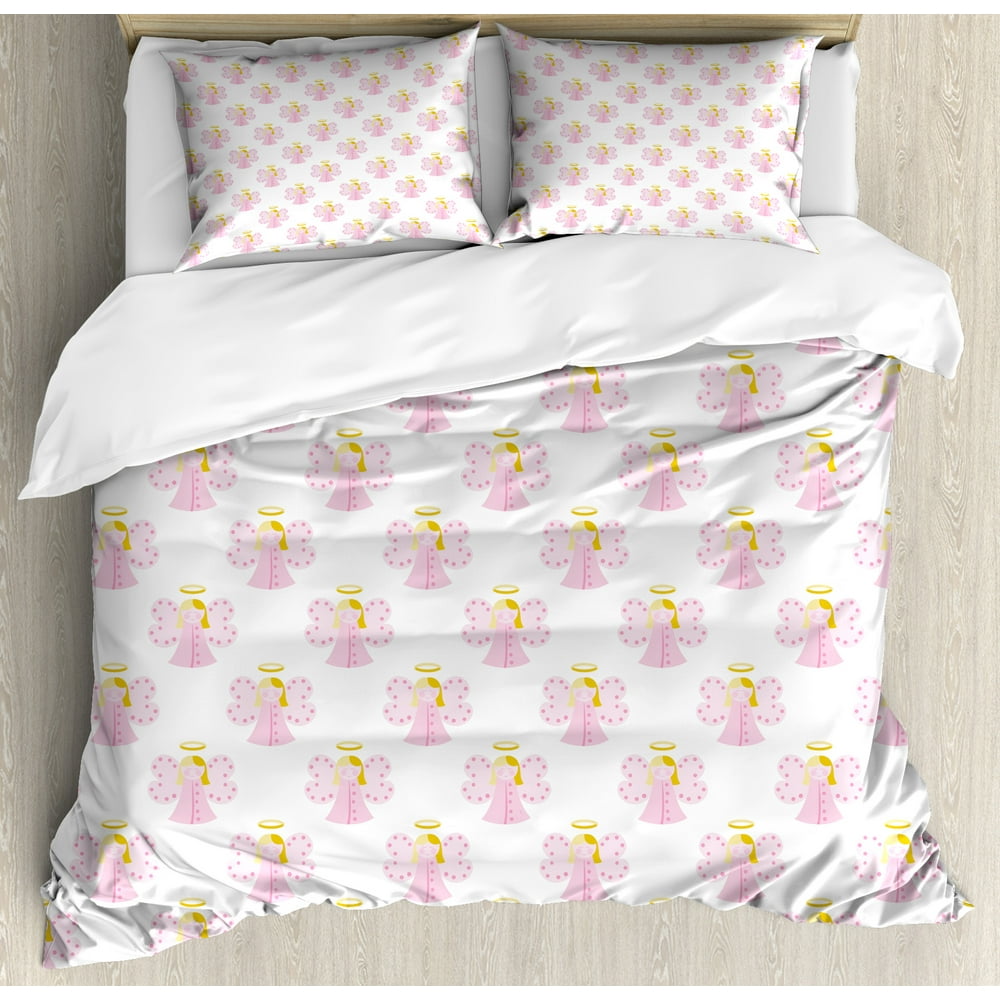 Angel Queen Size Duvet Cover Set, Cute Angels Spiritual Wing Girl with