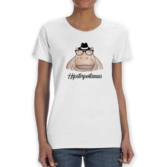 Hippopotamus With Hat Graphic "Hipsterpotamus" Text Women White T-Shirt, Female Medium