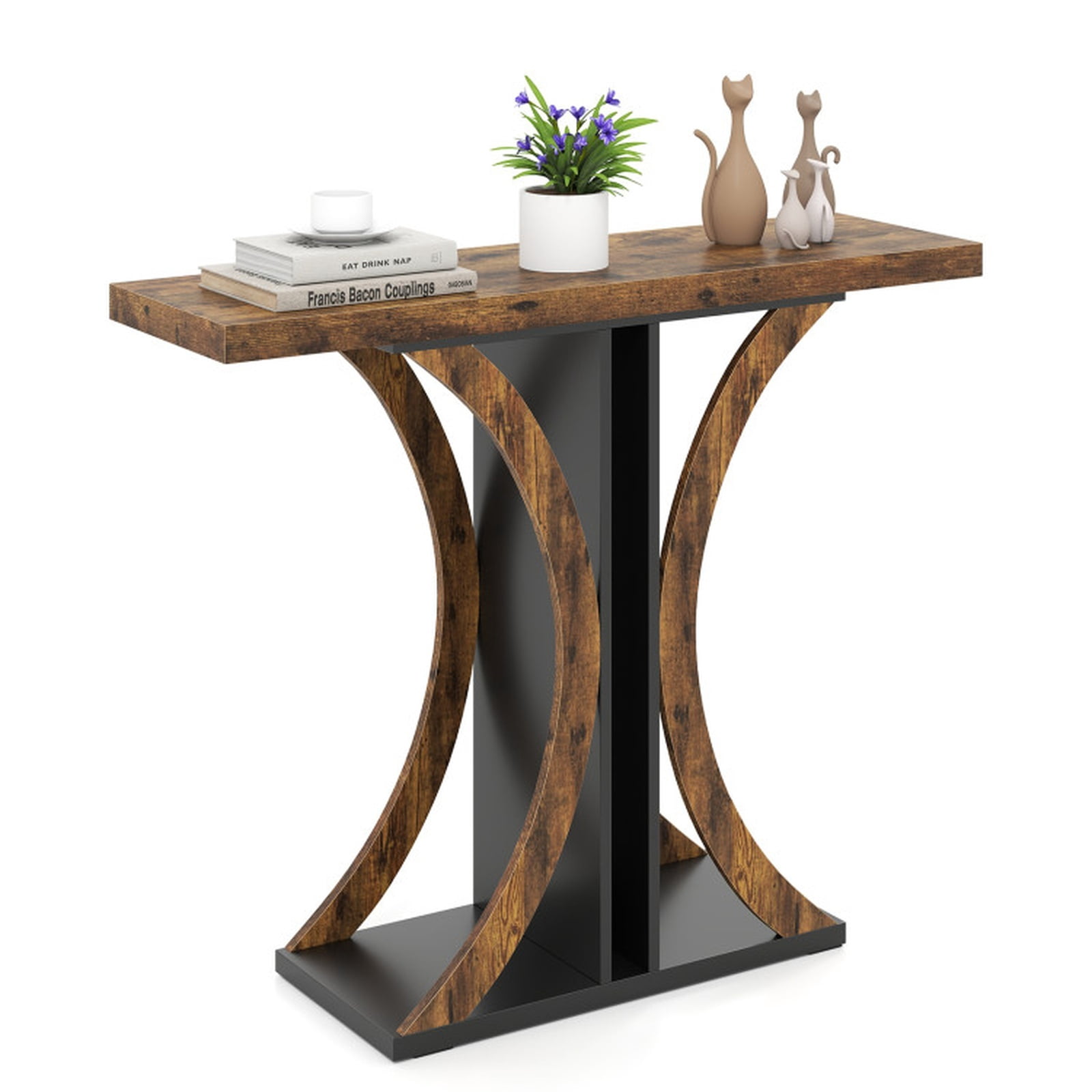 Furnibear 39.5 Inch Console Table Rectangular Entryway Table with Geometric Frame for Living Room Hallway Sofa Small Space, Rustic Brown