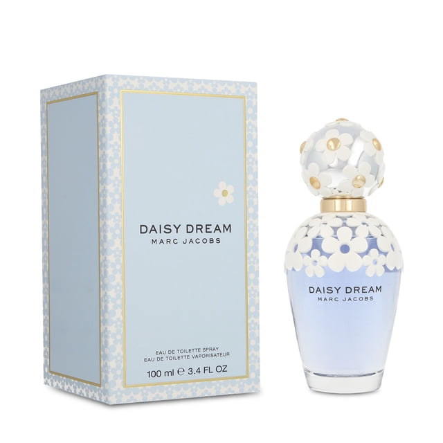 daisy dream marc jacobs edt spray dama 100 ml botella y caja centradas, botella de vidrio azul claro con tapa esférica decorada con flores blancas y detalles dorados y etiqueta frontal 'Daisy Dream Marc Jacobs', caja azul pálido con patrón floral y marco dorado; fragancia floral frutal para dama, 100 ml.