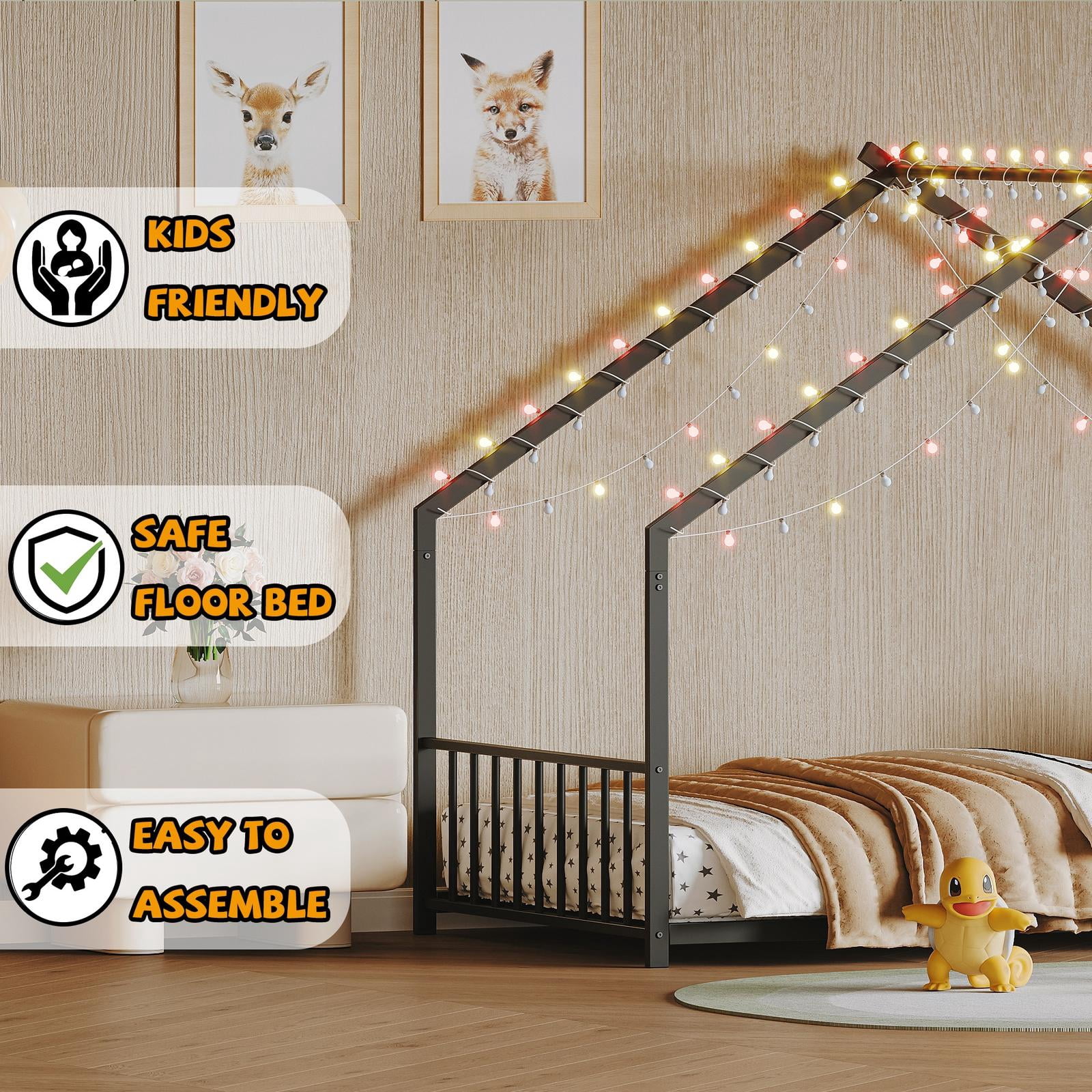Bellemave Twin Size Metal House Bed with Roof and LED Lights Montessori House Bed with Headboard and Footboard  Floor Bed Frame with Slats (Twin, Black)