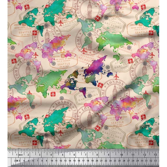 Soimoi White Poly Georgette Fabric Stamp & World Map Print Fabric by Yard 42 Inch Wide