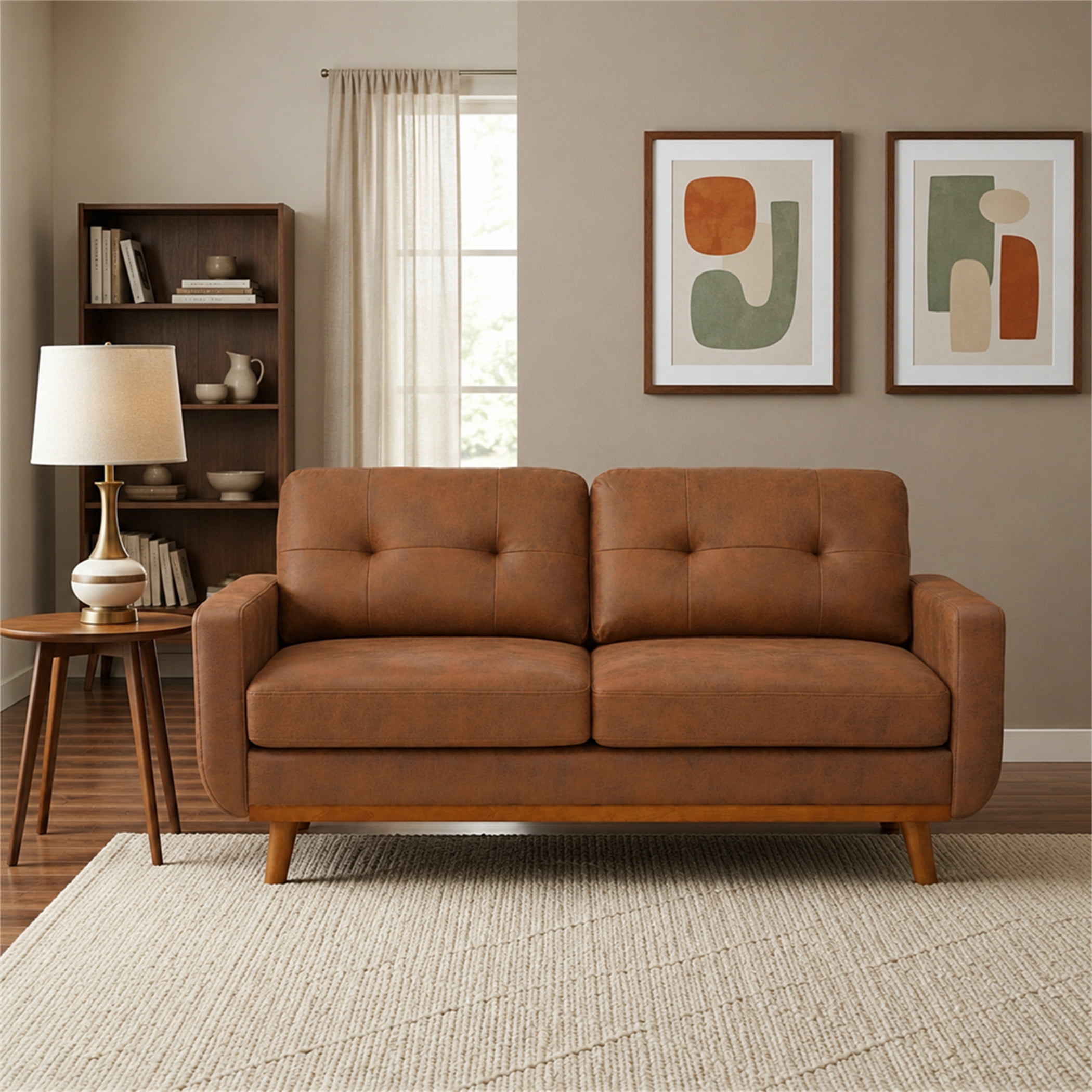 Aukfa 65" Small Sofa Loveseat Couch Comfy Mid Century Modern Sofa for Living Room Bedroom, Foil Fabric, Brown