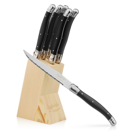 Classe Knife Chopmate - Laguiole Style - Stainless Steel Premium Steak Knife Set - Classic Black Edition - 6 Piece Set + Bonus Wood Storage Display Block ()
