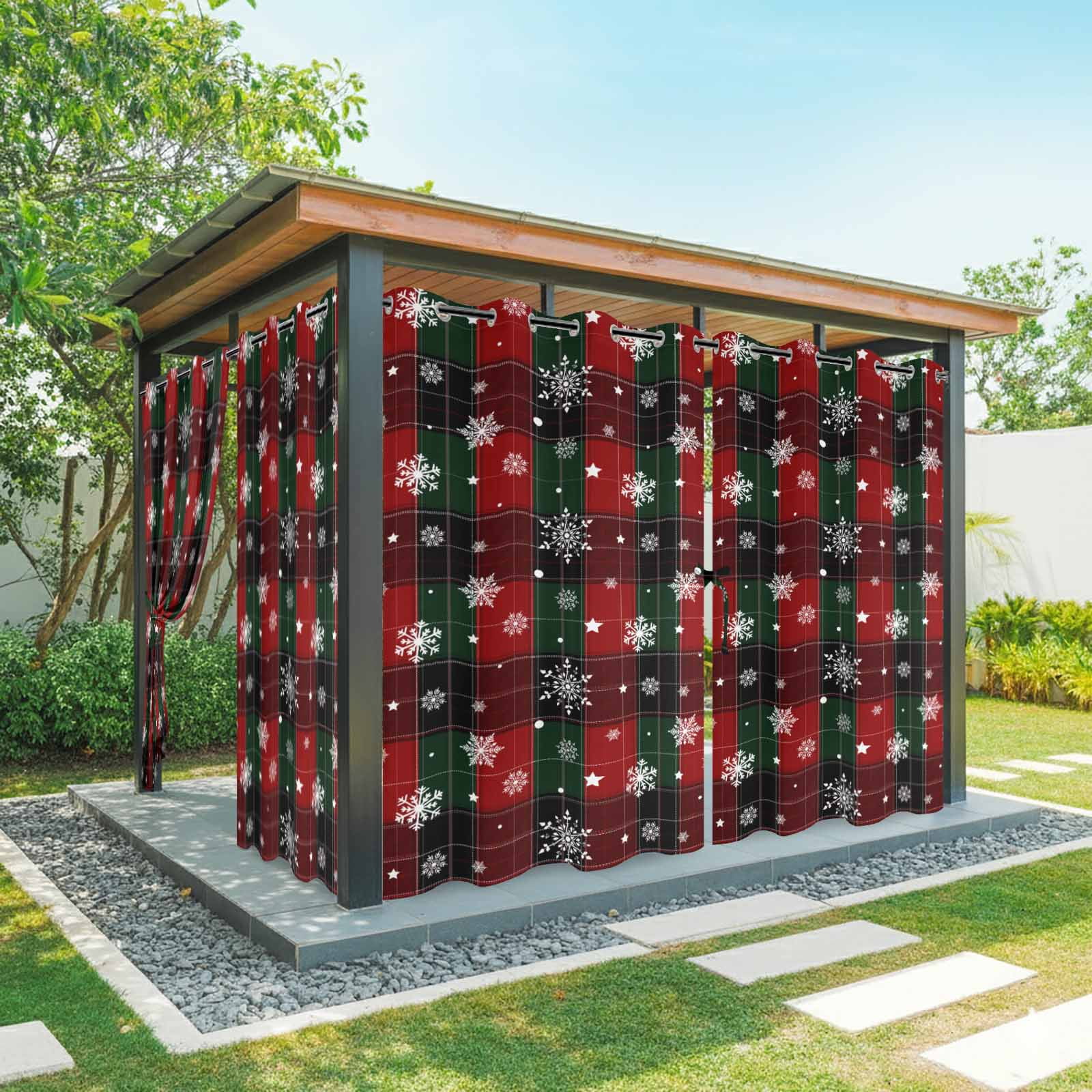 Outdoor Curtains for Patio Waterproof Buffalo Plaid Christmas Windproof Pravicy Outside Porch Blackout Curtain Xmas Snowflake Red Green Sun Blocking Grommets Curtains for Cabana 2 Panels 54 x95