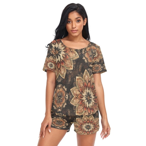 Women Pajama Sets Short Sleeve Sweatshirts Earthy Elegance Casual Tops and Shorts