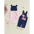 thumbnail image 3 of Neborn Baby Girl Spring Fall Outfit Striped Long Sleeve Romper Giraffe Embroidery Overall Pants Hat 0 3 6 9 12 18 Months Cute Clohtes Set, 3 of 8