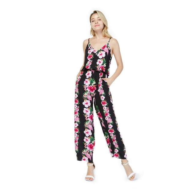 Femmes Hawaïenne Sangle V avec Poches Combinaison en Hibiscus Noir Rose Vigne M