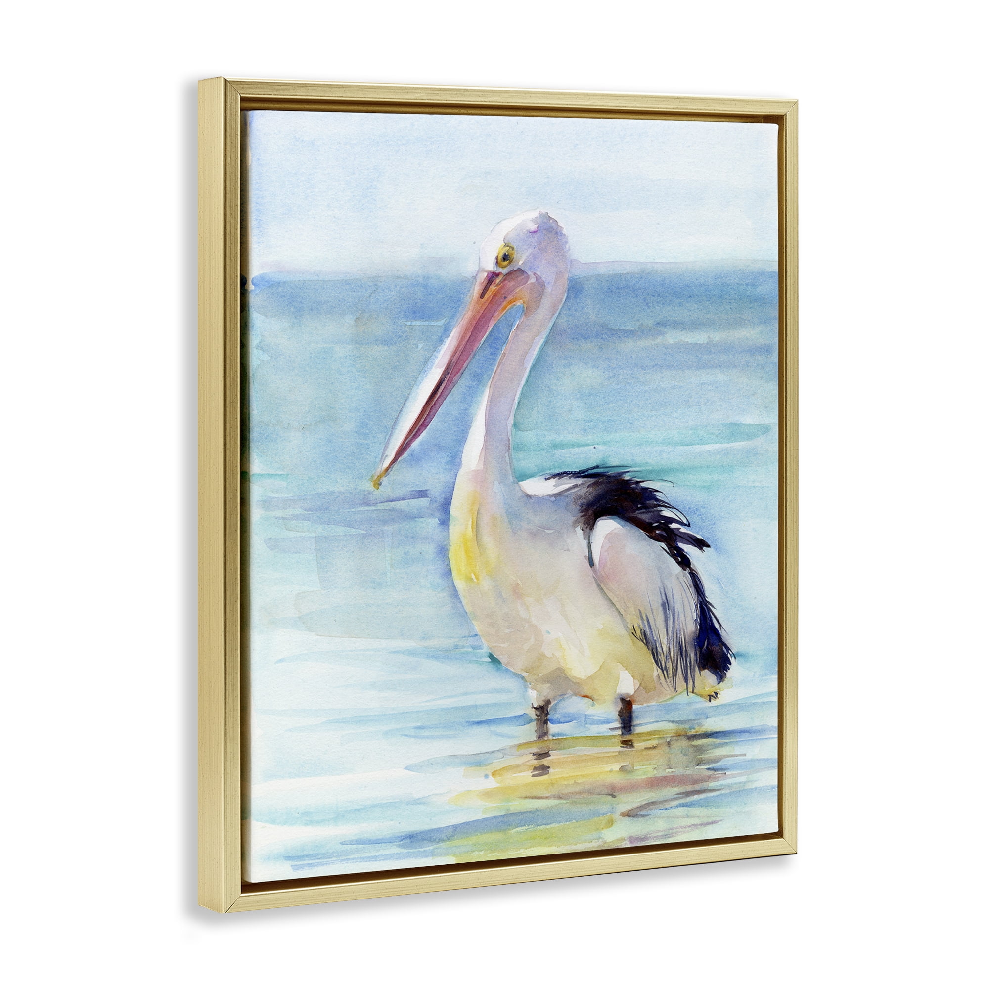 Stupell Industries Pelican Wading in Sea Nautical & Beach Painting Gold Floater Framed Canvas Art Print Wall Art, 17 x 21