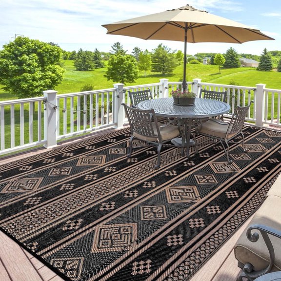 MJIAexp 5' x 8' Outdoor Rugs for Patio, Curved Geometric UV-Coated Waterproof RV Outdoor Rug, Reversible Plastic Straw Camping Rug Floor Mat for Backyard, Porch, Deck, Picnic, Beach Black-Gold