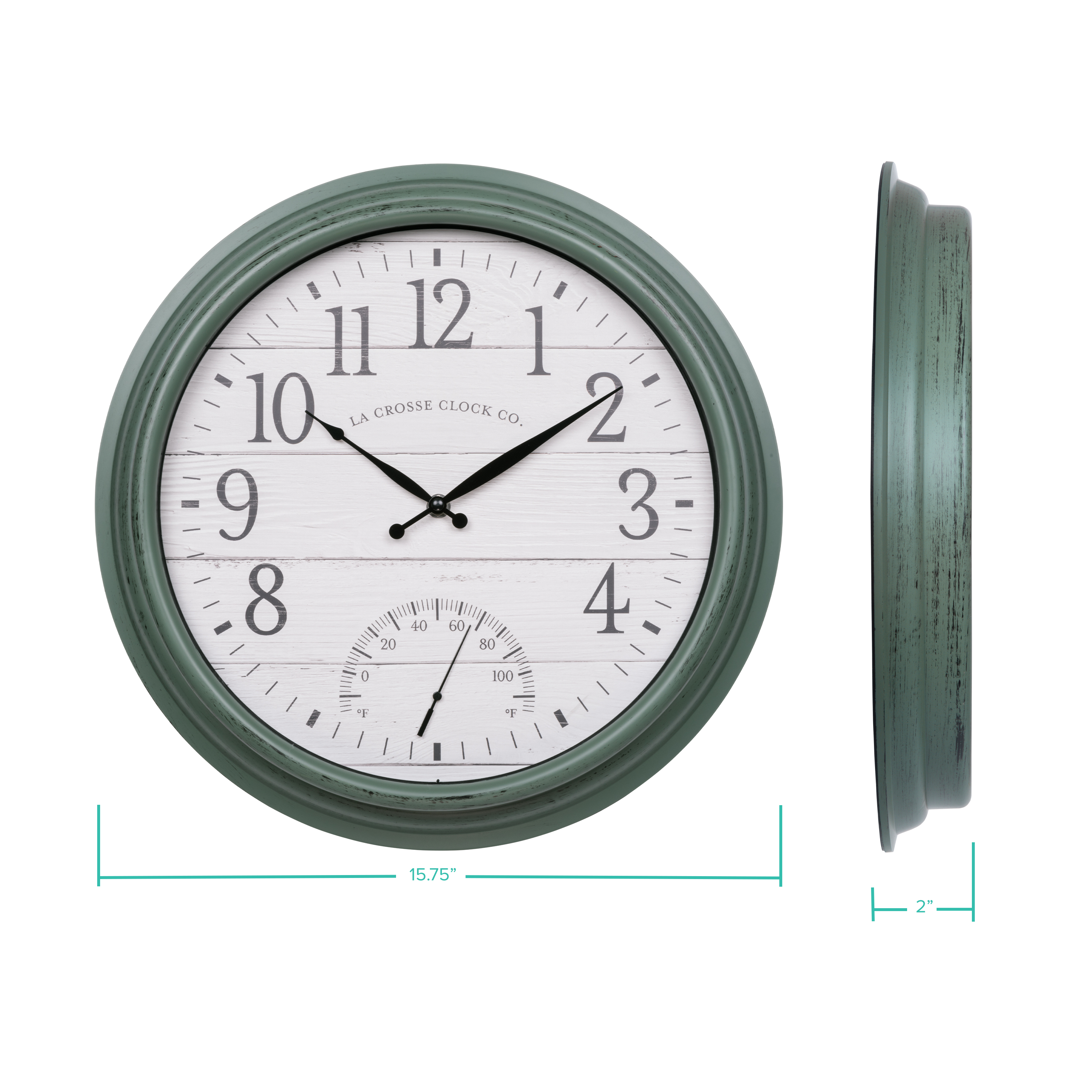 La Crosse Technology 15.75 In. Indoor/Outdoor Quartz Sagebrook Green Wall Clock with Temperature, 404-3840SG