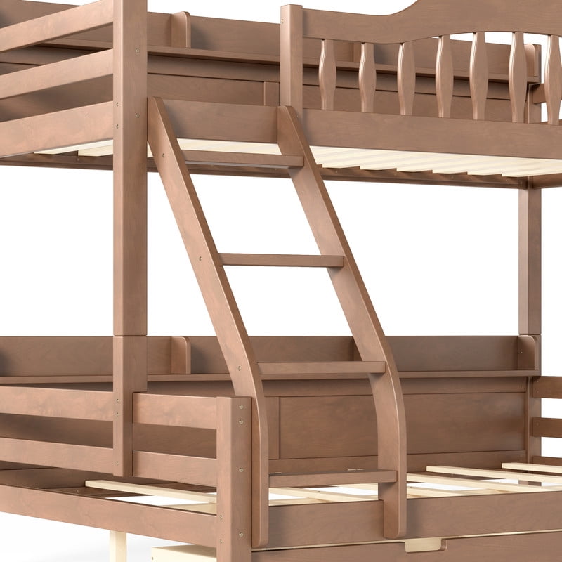 Twin-Over-Full Wood Bunk Bed with Curved Guardrail & Ladder, Chic Kids Storage Bed Frame with Drawers & Bedside Shelves