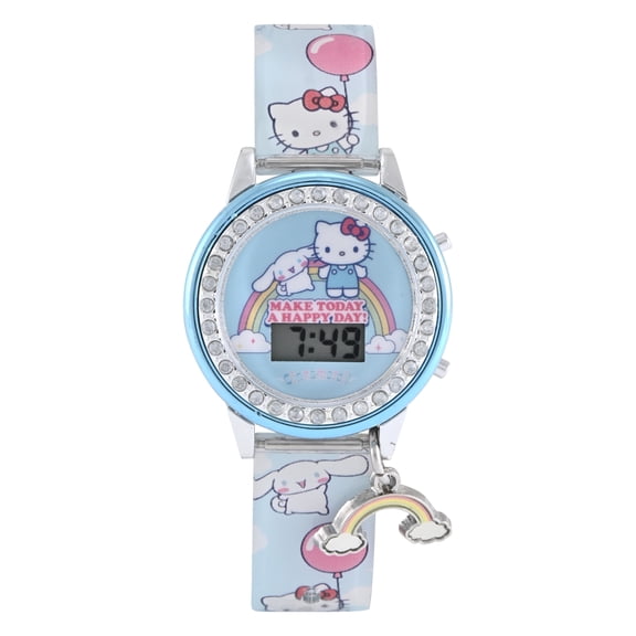 San Rio Hello Kitty and Friends Light Blue Printed Silicone Strap with Metallic Blue Case and Hanging Rainbow Charm; HK4020WM