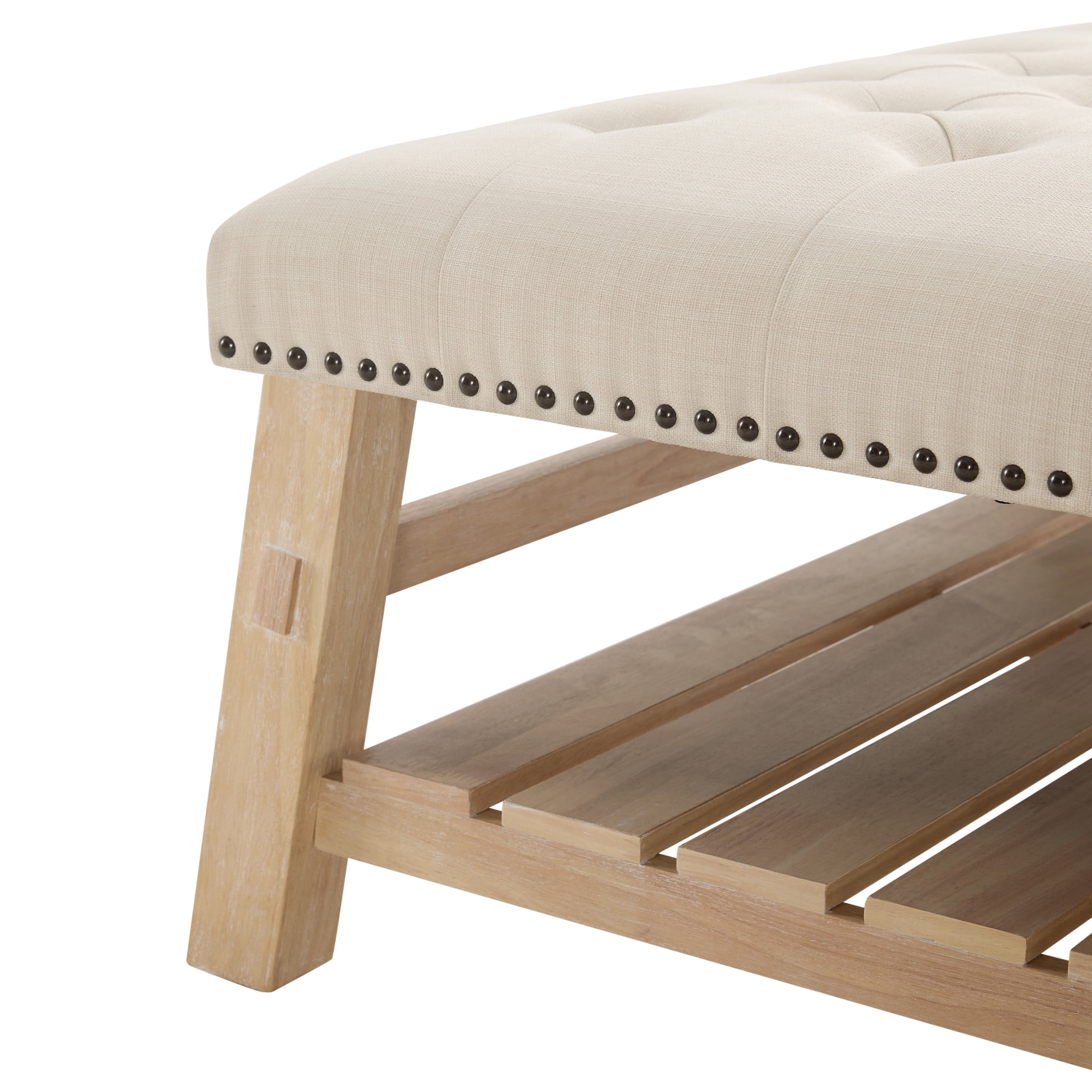Noble House 41.5" Square Tufted Wooden Ottoman Coffee Table with Storage Shelf, Linen Upholstered Footstool, Beige