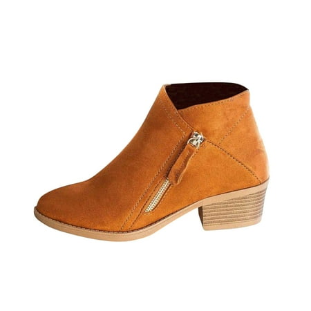 

jsaierl Women s Casual Booties Fall Fashion Solid Color Short Boots Mid Heel Pointed Side Zip Ankle Boot
