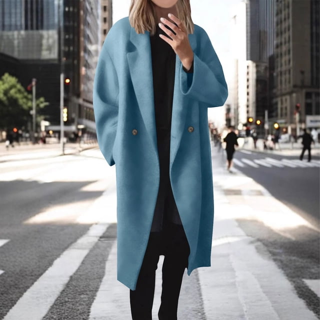 Amzcrzy Vestes pour Femmes Manteau en Laine à la Mode Uni à Revers Boutonné Long Coupe-Vent avec Poches Hauts à Manches Longues pour Femmes Veste pour Femmes Vêtements pour Femmes Hauts pour Femmes
