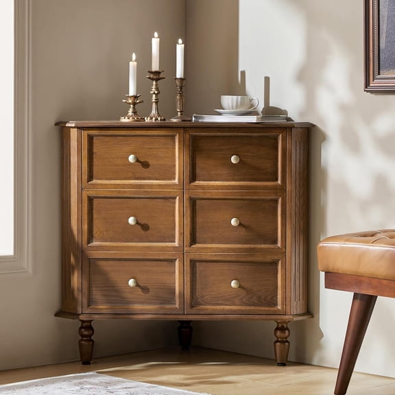 HULALA HOME Vintage Walnut Corner Cabinet, 30'' Tall 2 Door Triangle Storage Cabinet with Faux Drawers for Living Room, Bathroom, Entryway