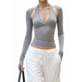 thumbnail image 3 of Women Wrap Top Y2k Long SLeeve Ballet Workout Yoga Shirt Gray M, 3 of 9