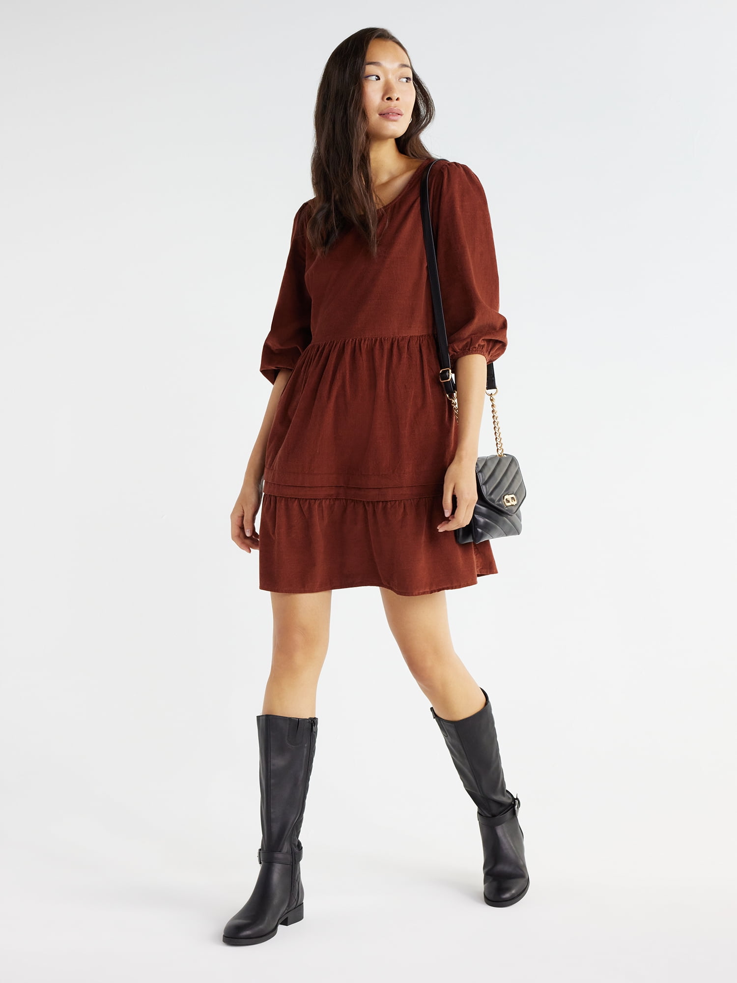Time and Tru Women's Corduroy Dress with 3/4-Length Sleeves, Sizes XS-XXXL