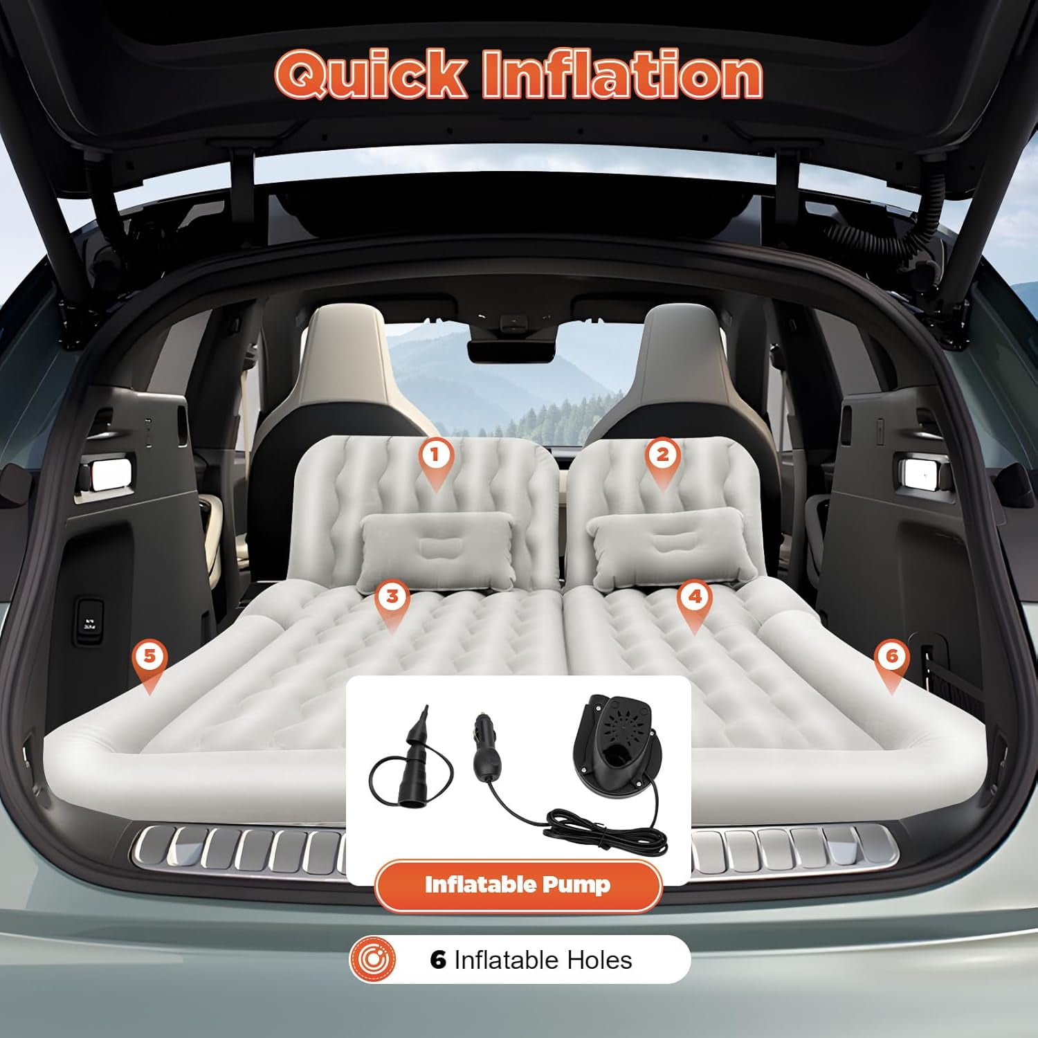 SUV Air Mattress Camping Bed Cushion Pillow Portable Inflatable Car Air Bed with Inflatable Pump Soft Flocked Surface Sleeping Pad Mattress for Car Road Trips & Outdoor Camping (Grey)