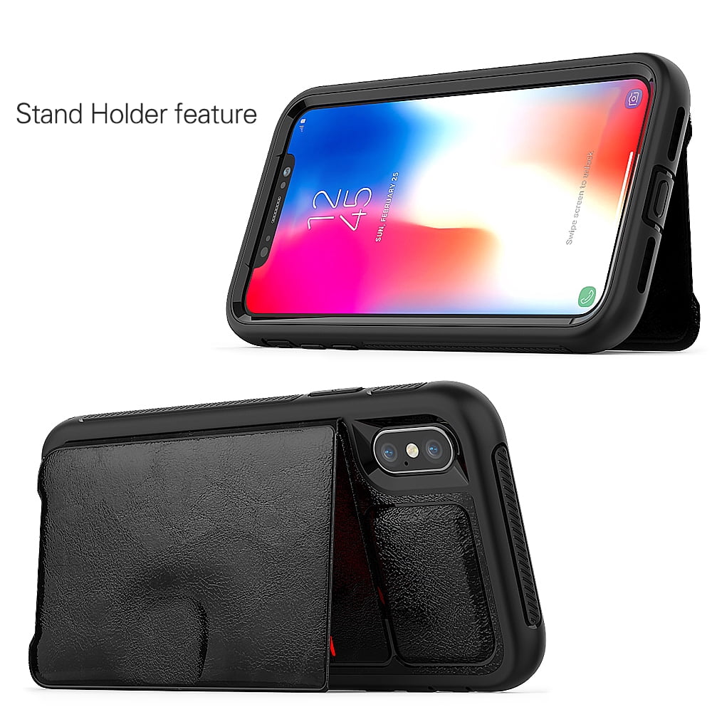 BUNDLE: Kona Vegan Leather Folio Wallet Case (Black) & Selfie Stick Mini Tripod (White) for Apple iPhone XS / X - Kickstand, Card Slots, Car Mount Compatible, Magnetic Closure