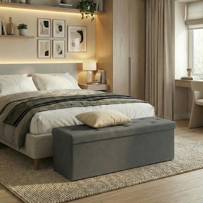 Gianna 43 Inch Folding Ottoman With Storage Bench, Bedside Storage Bench With Linen Top Cover and Cushion, Footrest Suitable for Bedroom, Living Room, Gray