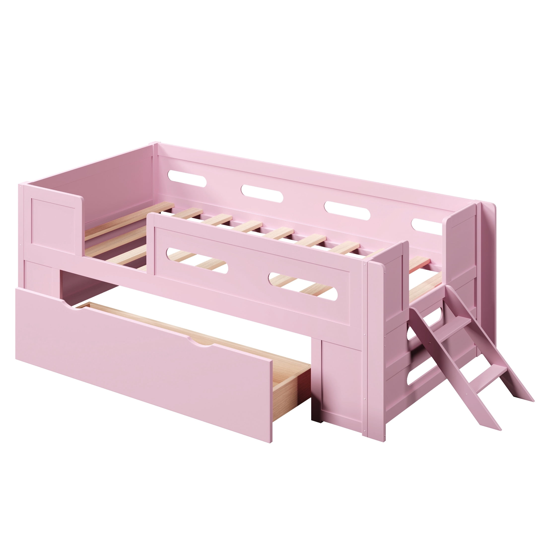 Noble House Genrix Twin Size Pine Wood Platform Bed with Guardrail and Storage Drawer, Kids Bed Frame, Pink