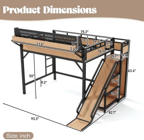 Full Size Metal Loft Bed Frame with Slide, Storage Shelves & Built-in Wardrobe, Natural