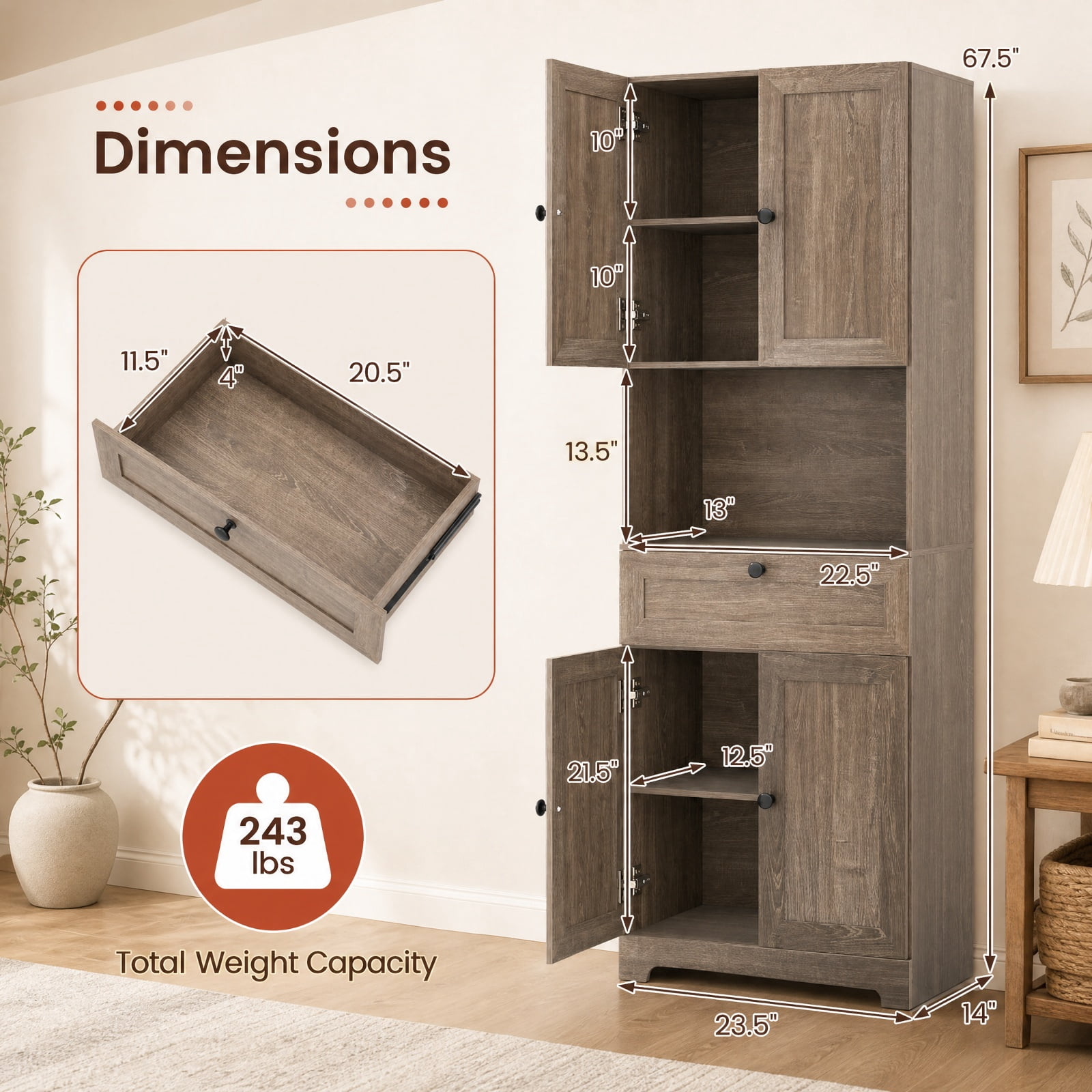 Furnibear 67.5 Inch Tall Modern Freestanding Floor Storage Cabinet with 4 Doors and 1 Drawer for Living Room Bedroom Entryway Hallway Storage, Oak