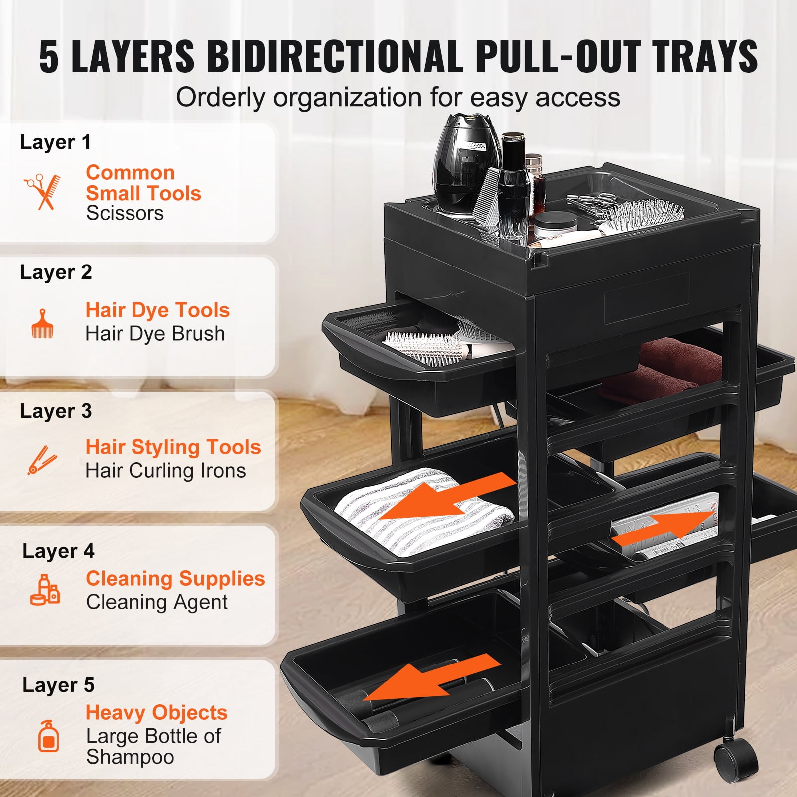 KFFKFF Beauty Salon Rolling Cart Plastic Salon Trolley with 5 Drawer and 4 Wheel