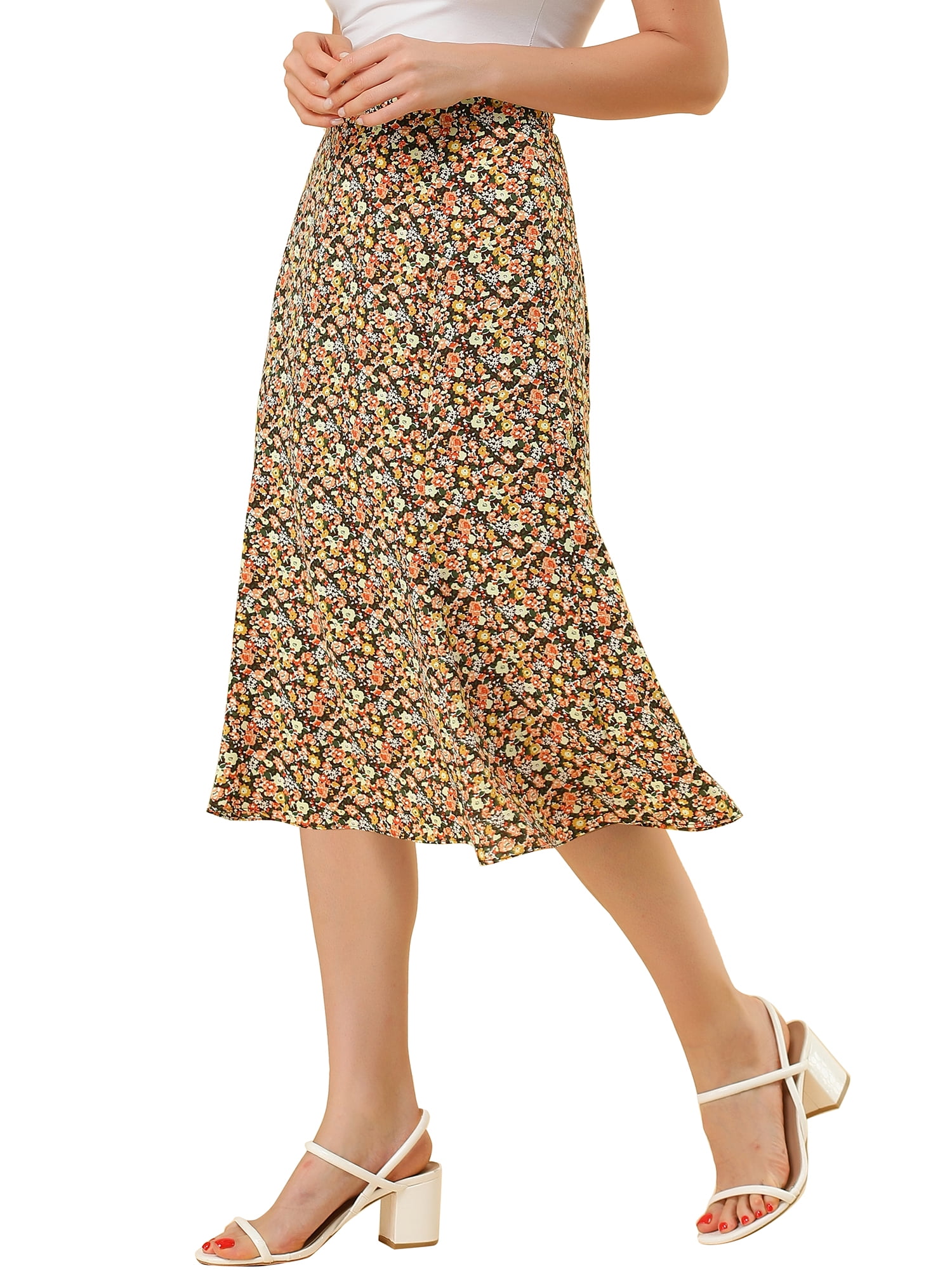 DARING DIVA Women's Elastic Waist A-Line Floral Print Midi Skirt M Brown Orange