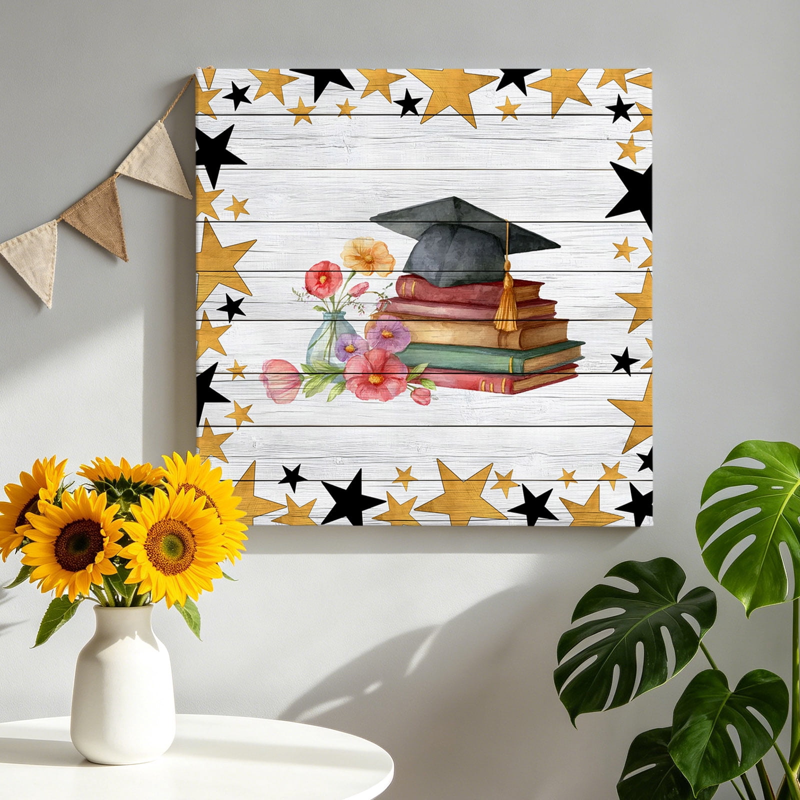 Graduation Cap Canvas Wall Art for Living Room, Watercolor Red Flower Gold Star Vintage Book Wood Striped Poster Print Painting for Bedroom Office Home Decor Wall Pictures Prepare To Hang 16"x16"
