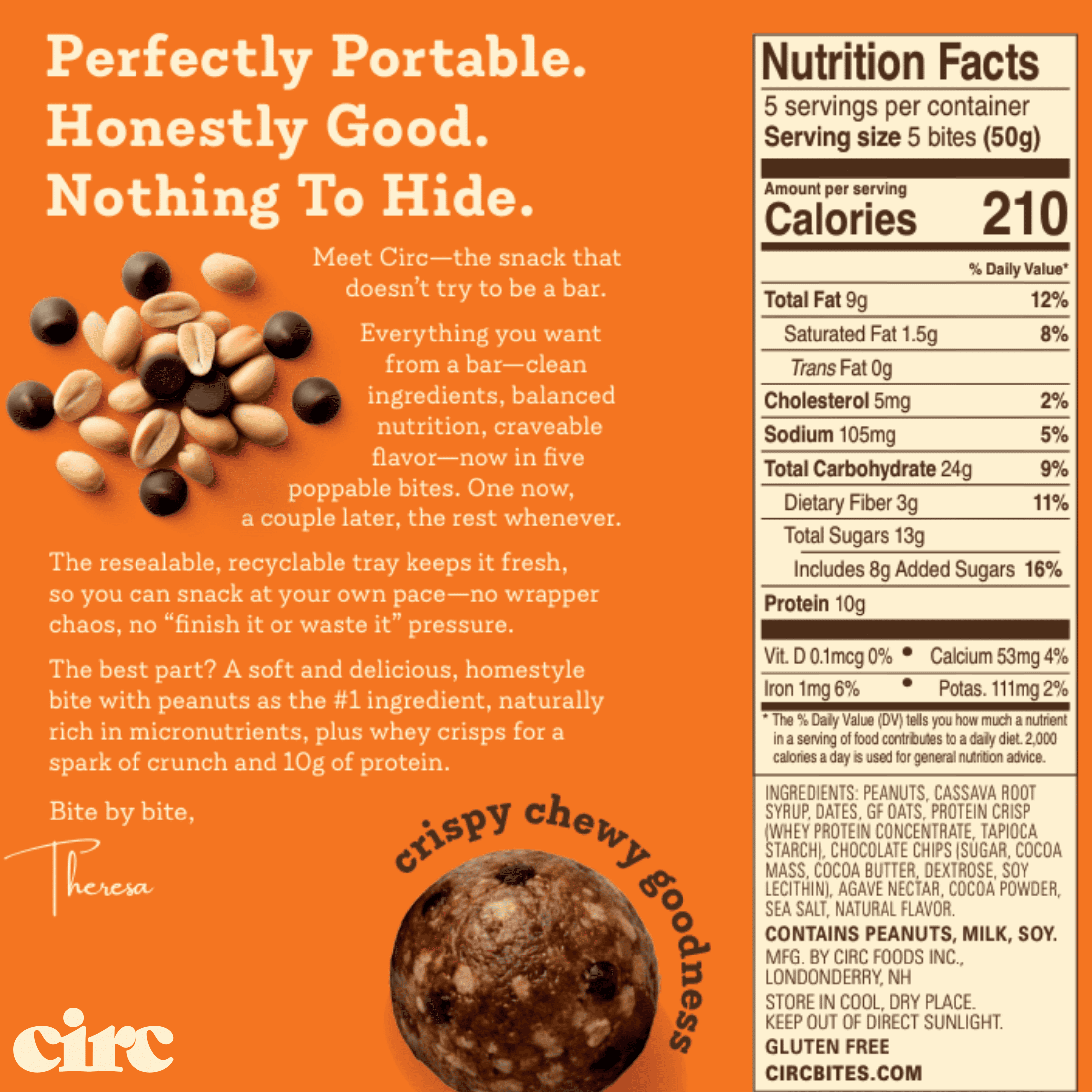 Circ Peanut Chocolate Chip Protein Bites, Gluten-Free Protein Balls 5 Pack