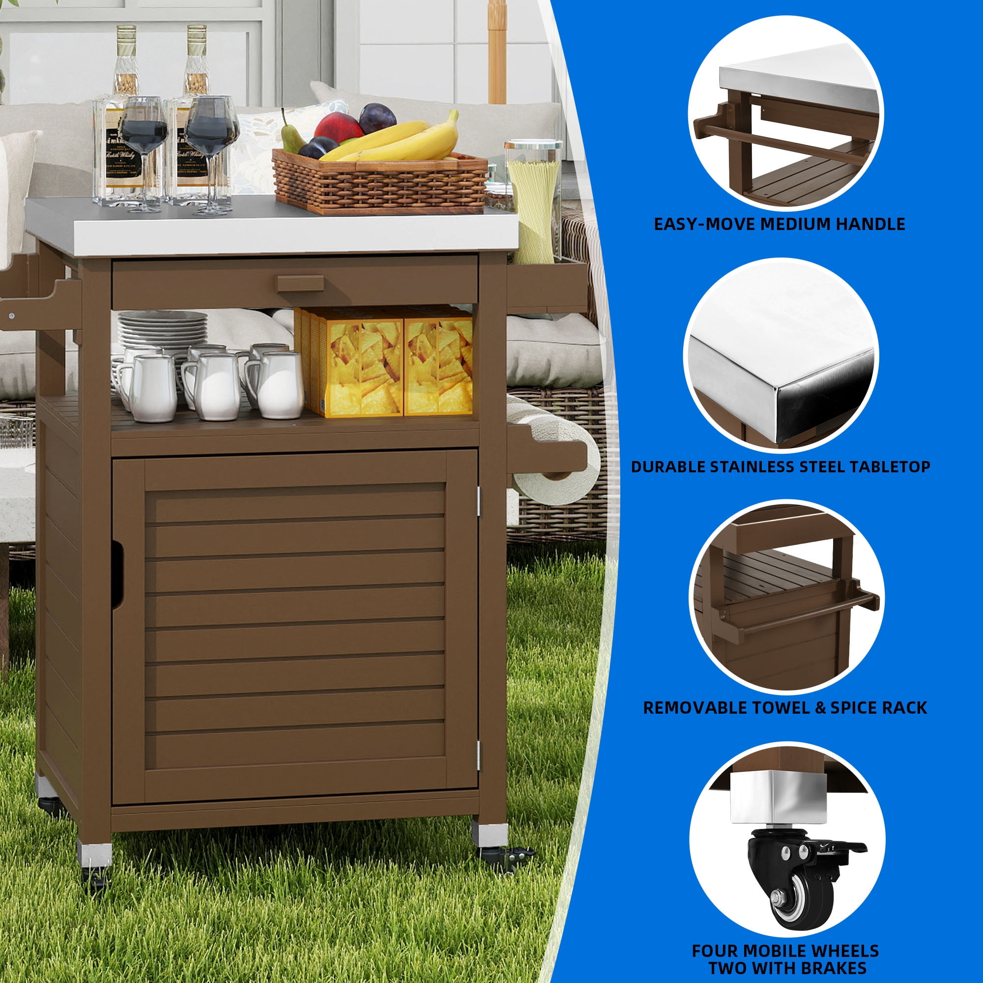 Uforic Wood Kitchen Storage Cart with Stainless Steel Top, Grill Cart for Outdoor & Indoor, Brown