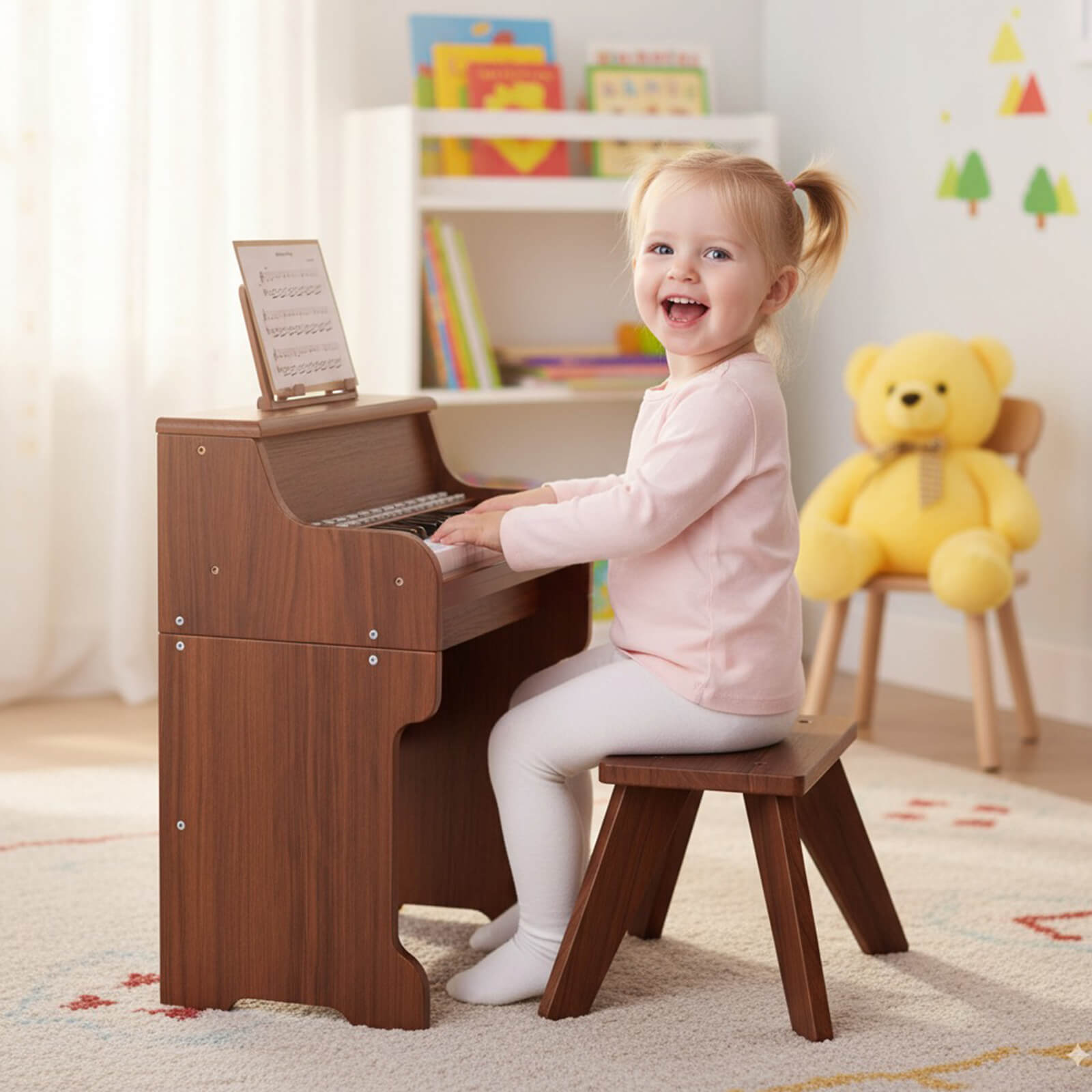 Costway 25 Keys Digital Piano with Music Stand Stool Lighted Keys Teaching Mode for 3+ Kids Brown