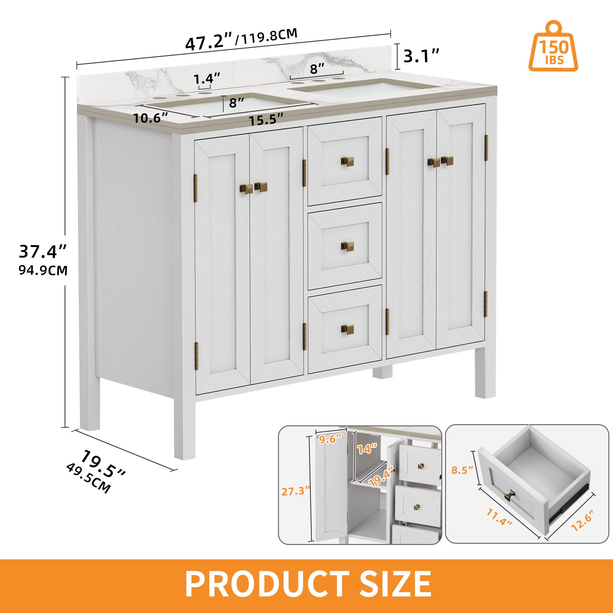 Uforic 47 Inch Double Sink Bathroom Vanity, Mid-Century Modern Bathroom Storage Cabinet with Sintered Stone Countertop, 4 Soft-close Doors & 3 Drawers