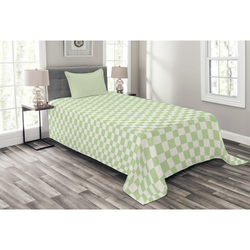 Geometric Bedspread Set Twin Size, Big Squares Checked Pattern in Soft