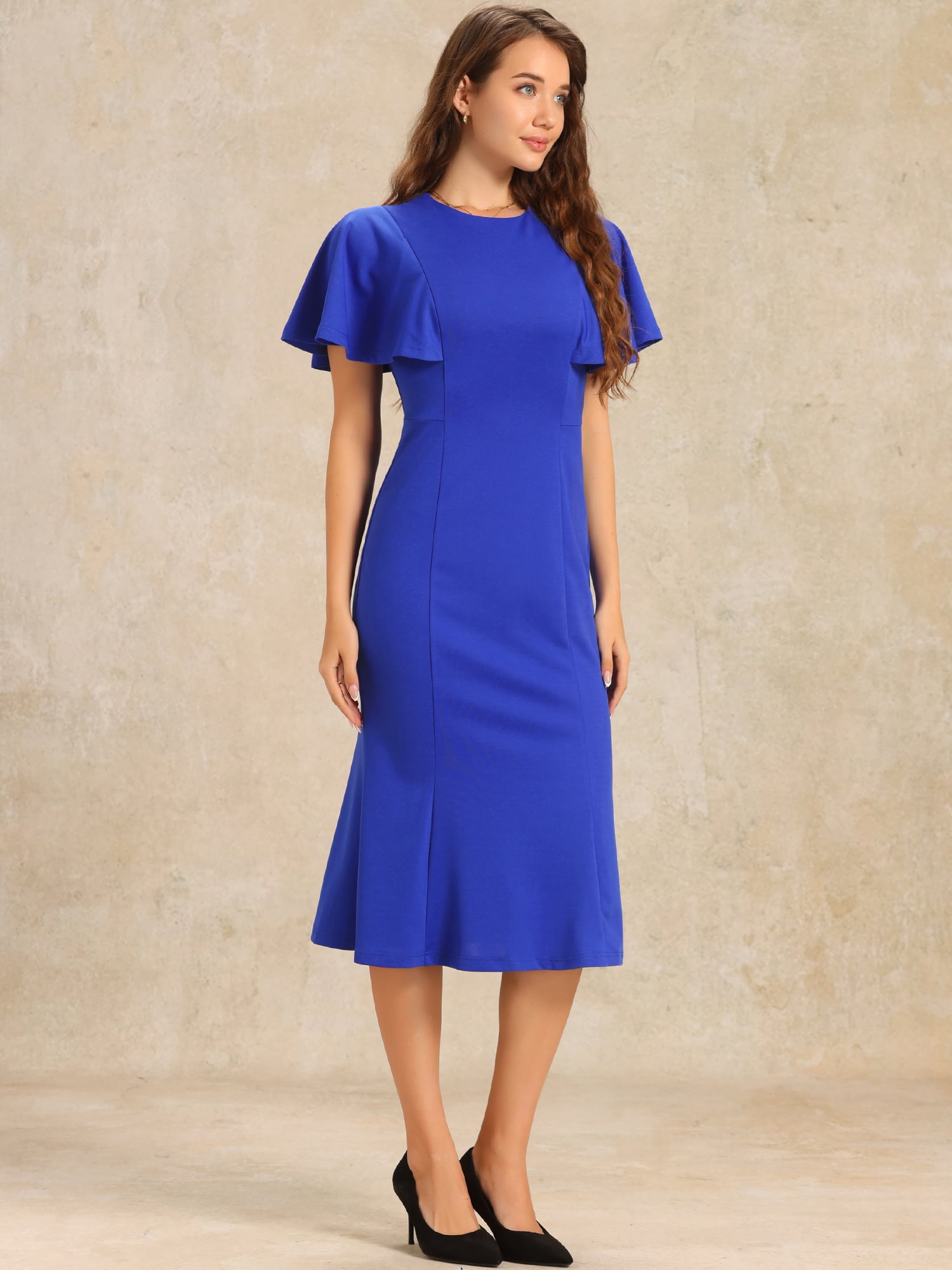DARING DIVA Women's Ruffle Sleeve Cocktail Party Midi Sheath Dress S Royal Blue