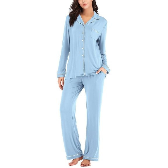 Sngxgn Women Pajamas Set, Long Sleeve Pajamas for Women Sleepwear Button up Pjs Set(Blue,L)