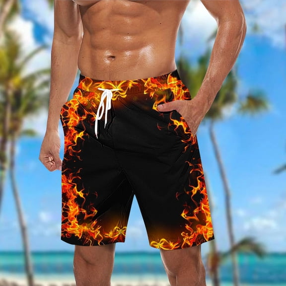 Yaoyar Men's Flame Print Elastic Waist Drawstring Shorts with Pockets Casual Beach Swim Trunks Summer Outdoor Shorts,Orange,5XL