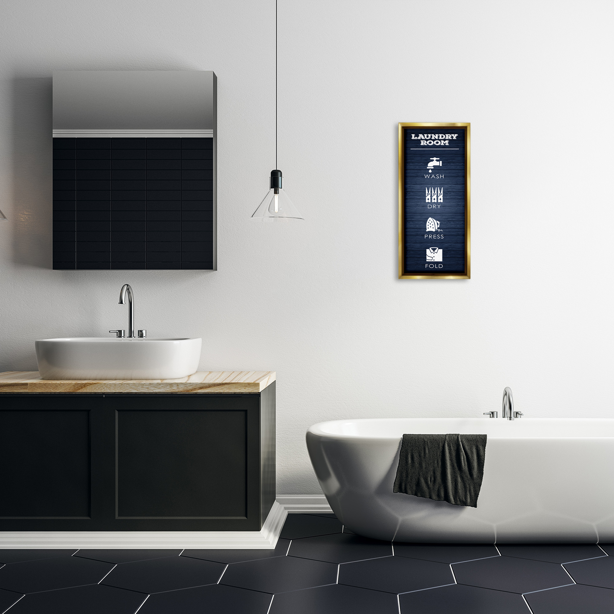 Stupell Industries Laundry Room Icons Rustic Blue Typography Painting Gold Floater Framed Canvas Art Print Wall Art, 11 x 25