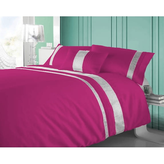 BedDecor 100% Egyptian Cotton 600 TC 3PCS Silver Lining Duvet Set + 1PC Cushion Cover (Hot Pink, Oversize King)
