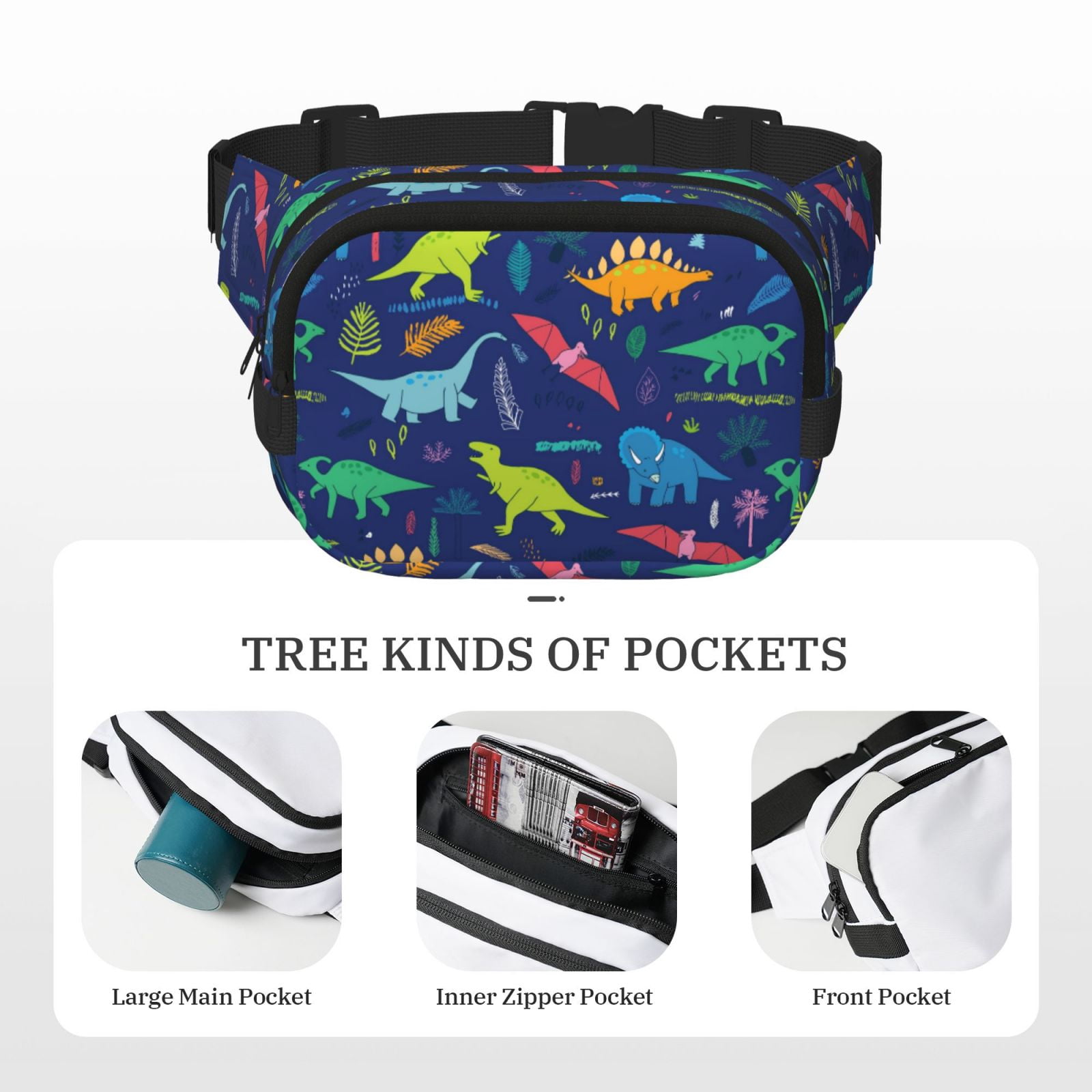 Hirioo Dinosaurs for Double Layer Waist Bag Adjustable Fanny Pack For Travel Running Hiking
