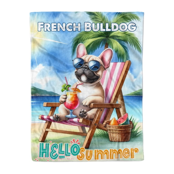 French Bulldog Hello Summer Beach Theme with Sunglasses and Tropical Cocktail Cozy Fleece Blanket Dog Lover Gifts Warm Soft Throw Blanket - 00009