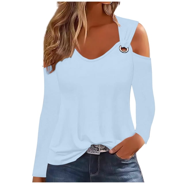 Yuyuzo Womens Tunic Tops Cold Shoulder Long Sleeve Shirts Loose Solid Color Lightweight Tee Tops