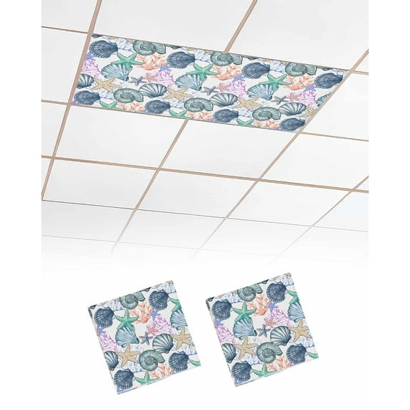 Fluorescent Light Covers for Ceiling Lights 2 Pack, Coastal Beach Magnetic Ceiling Light Covers 2x4ft for Classroom Office School, Watercolor Nautical Starfish Shell Overhead Drop Ceiling Light Shade