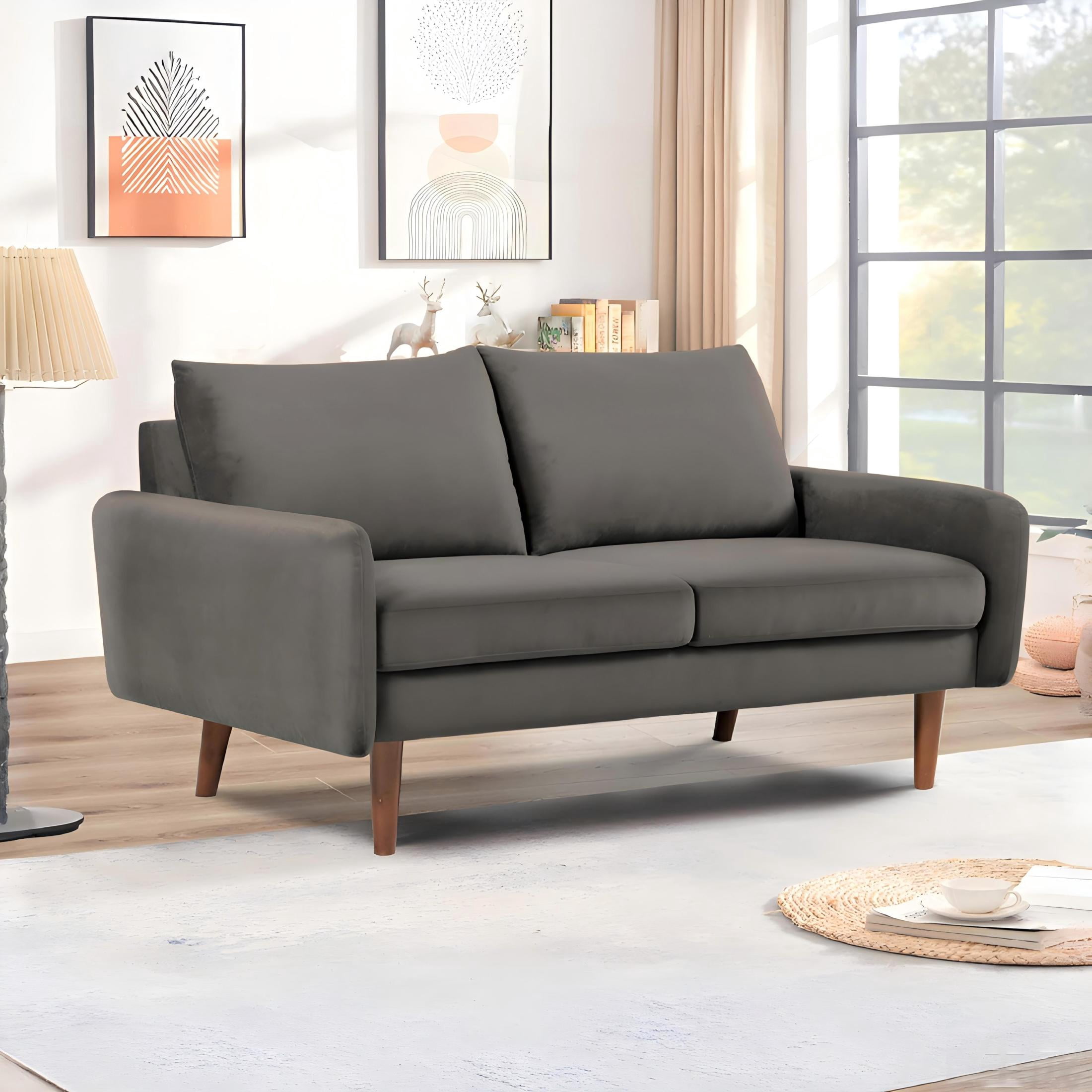 GDF Studio 58" European Modern Loveseat 2-Seater Sofa with Velvet Upholstery, Tapered Wood Legs, Gray