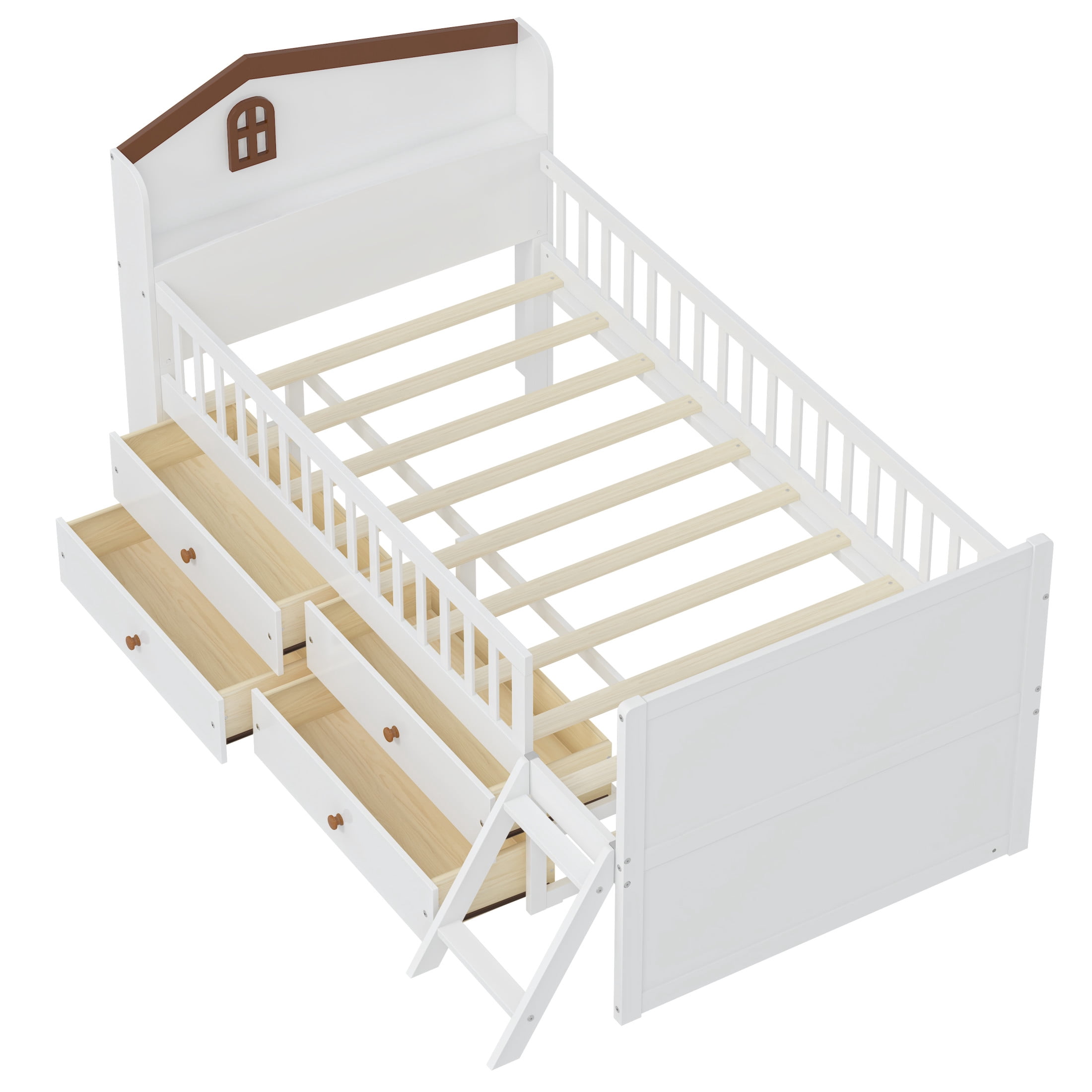 Noble House Twin Bed Frame with 4 Storage Drawers, House Headboard and Guardrails, White