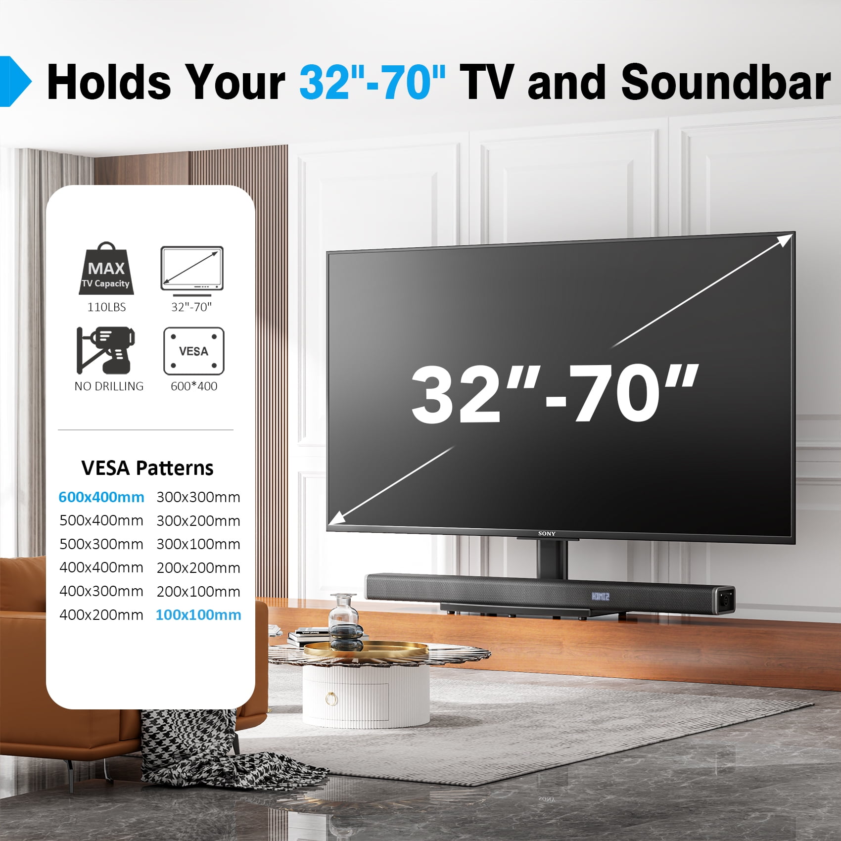 Universal TV Stand/ Base Tabletop TV Stand with Wall Mount for 32 to 65 inch 4 Level Height Adjustable, Heavy Duty Tempered Glass Base, Holds up to 99lbs Screens, HT03B-002